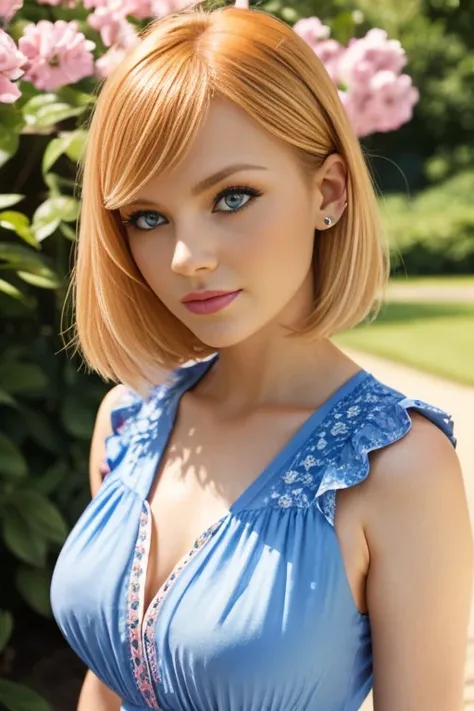 Petite 30 year old woman with short straight light blonde hair and striking blue eyes wearing eye liner, pink lips, in a blue summer dress, detailed face, full body pose