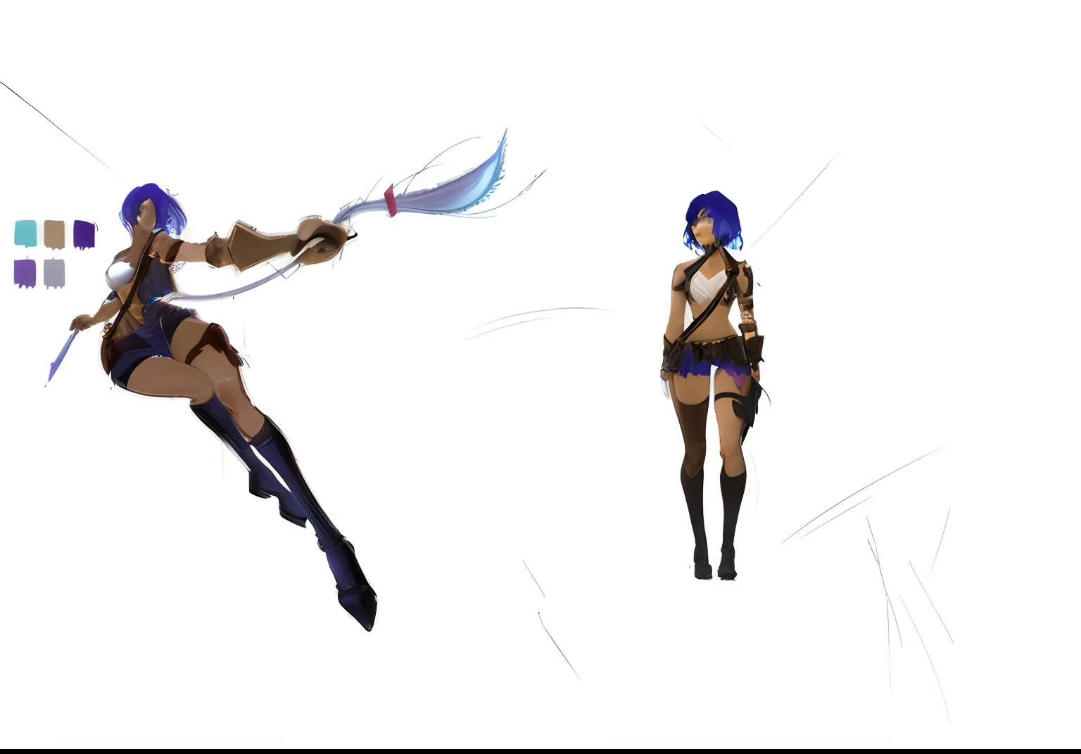 Anime character holding a sword and a blue-haired woman, concept character, fantasy character concept, League of Legends style, character posing for concept art, hori + concept-art, character concept, league of legends inspired, game character concept art,...