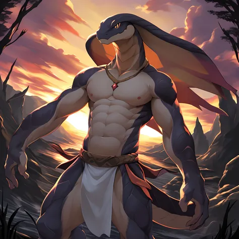 masterpiece, high quality, absurd res, digital painting (artwork), solo, (kemono:1.4), male anthro snake, smile, sunset, loincloth, detailed background, anime, high winds, (dark shadows, wide dynamic ,range, hdr, low light:1.2).