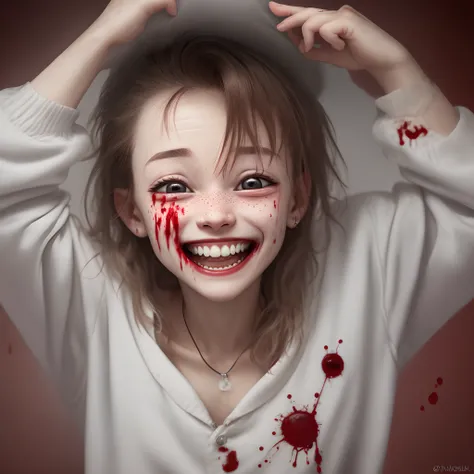 Crackhead sneezing blood with a creepy smile and tiny white dots for eyes