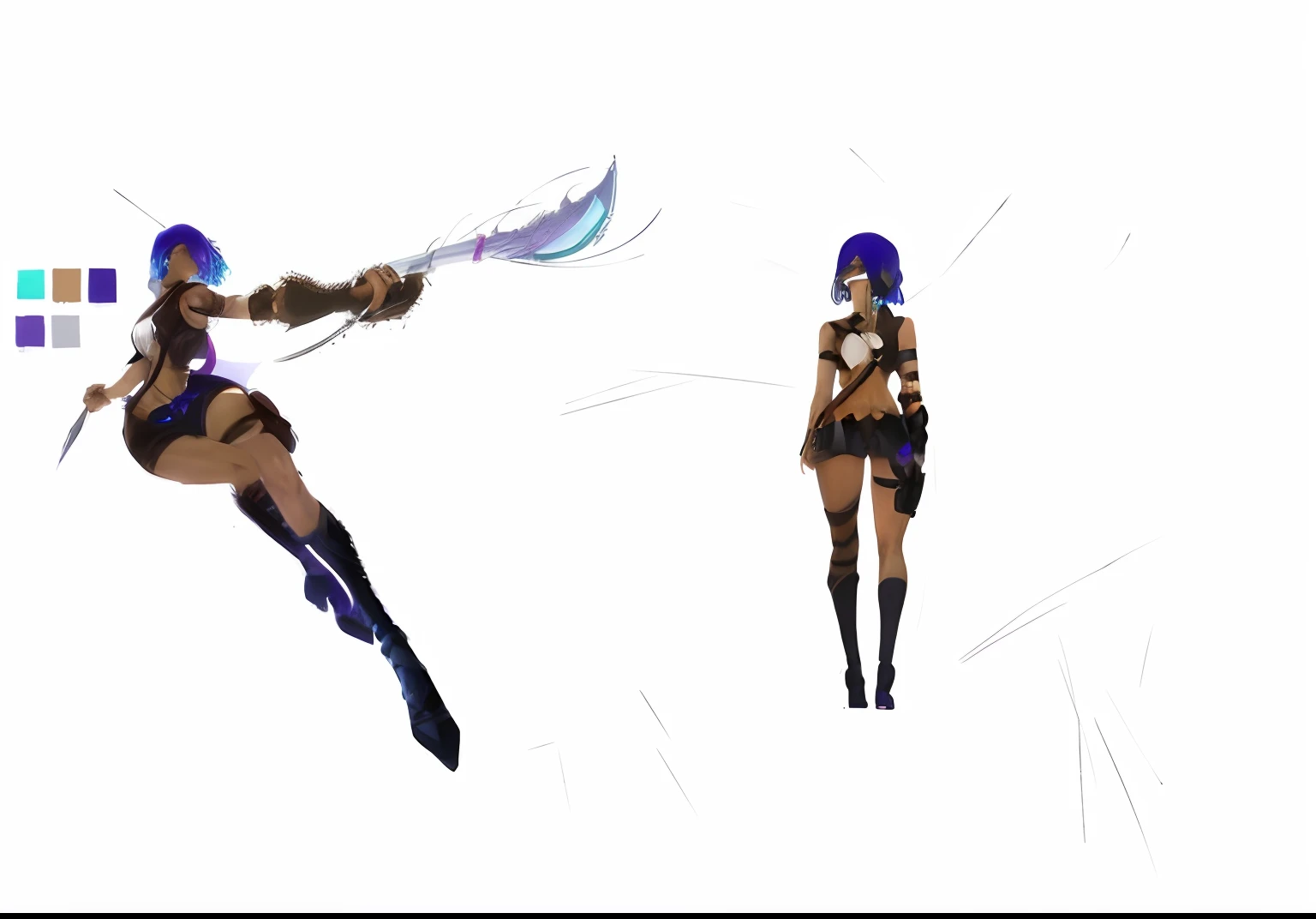 Anime character holding a sword and a blue-haired woman, concept character, fantasy character concept, League of Legends style, character posing for concept art, hori + concept-art, character concept, league of legends inspired, game character concept art,...