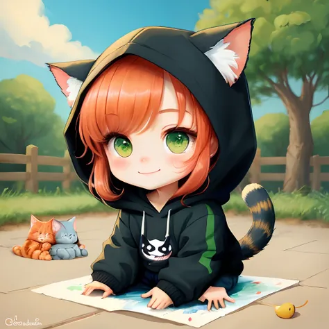 Chibi Character　Anime Paintings　red hairs　Nekomimi　A smile　Wearing a hood　Lying down and green eyes