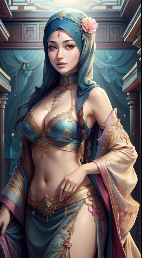 hijabi, (Masterpiece, Top Quality, Best Quality, Official Art, Beautiful and Aesthetic: 1.2), (1 Flower), Upper Body, Extremely Detailed, (Fractal Art: 1.3), Colorful, Most Detailed, beautiful mongol teen queen in hijab showing cleavage in sexy bellydancer...