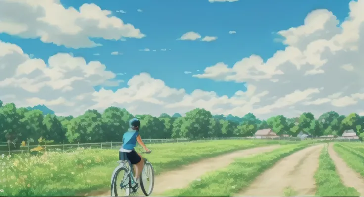 Close-up portrait of a person riding a bicycle near a field, from yowamushi pedal, Studio Ghibli Sunlight, anime beautiful peace scene, painted in anime painter studio, style of makoto shinkai, anime countryside landscape, koto no ha no niwa, anime movie s...