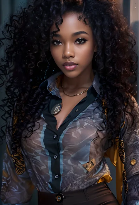 ((21-year-old))) black girl, (((light skin))),  (((close-up, full body pose))),  (((long curly black hair))), (((pantyhose))), (((wearing mans button up  shirt mostly unbuttoned))), Rich, Deep Colours, (intricate details:0.9), (HDR, hyper-detailing:1.2), (...