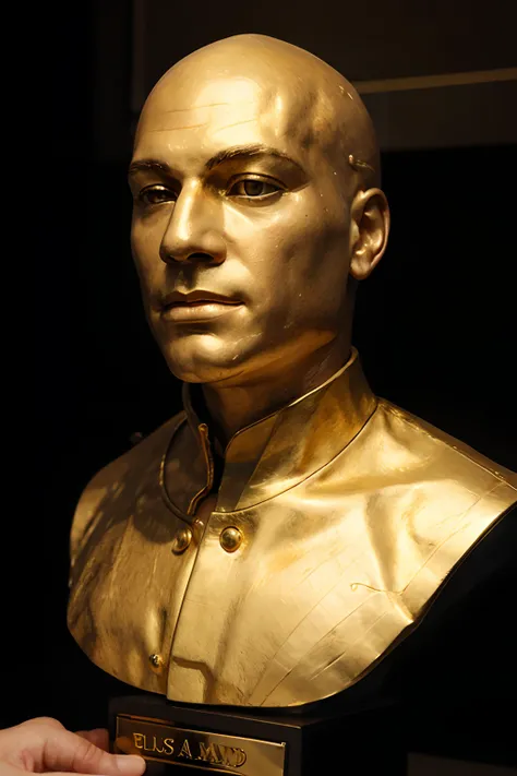 a trophy bust of a bald man giving a thumbs up, all made of gold, realistic image in 4k