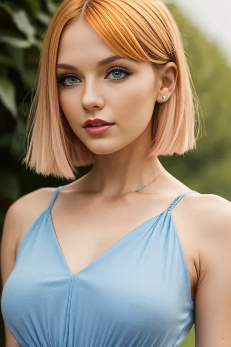 Petite 30 year old woman with pixie cut straight light orange blonde hair and striking blue eyes wearing eye liner, pink lips, in a blue summer dress, detailed face, full body pose