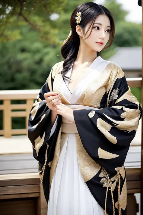 A half-Japanese beauty popular among Japanese men, exhibiting elegance and a captivating allure. Wearing stylish and tasteful black and white well blended kimono, the kimono looks even more elegant with its golden ornaments. Her features are a perfect blen...