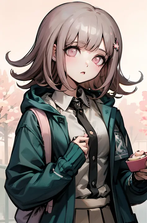 Chiaki nanami en un restaurante comiendo mientras mira al espectador, Obra maestra, La mejor calidad, 4k, 8k, 1girl, pelo corto, Pale mauve hair that curls slightly outward, aunque los mechones a ambos lados de su cara se enroscan hacia adentro, Flor de oj...