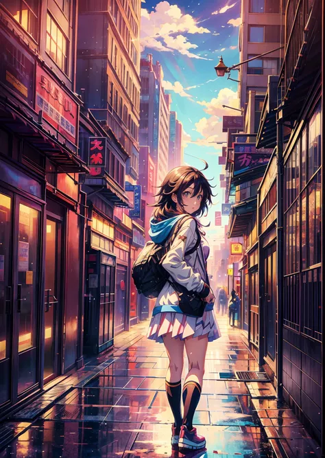 Anime girl standing in big city looking at rainbow sky,Near Future City、 makoto shinkai cyril rolando, anime art wallpaper 4k, anime art wallpaper 4k, Anime art wallpaper 8k, inspired by Cyril Rolando, in the style dan mumford artwork, amazing wallpapers, ...