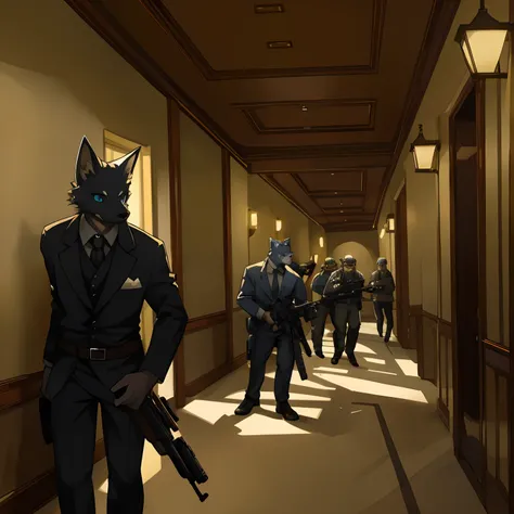 dynamic angle, top-quality, bestquality, high quality illustration, masterpiece, ultra-high resolution, detailed background, detailed background, Biohazards, The hotels hallway is dim., Gun fights, Squad Shoot:0.1, 6+Boy, 6+youthful, package of games, Absu...