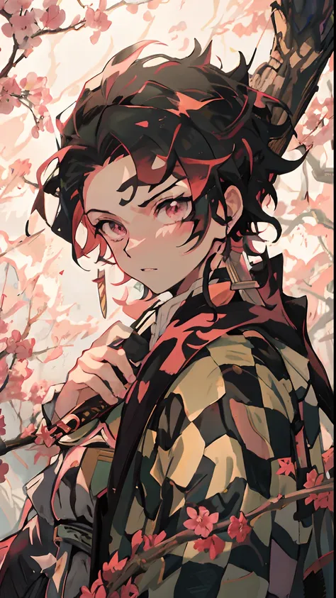 a man with a sword standing under a tree with flowers, handsome guy in demon slayer art, kimetsu no yaiba, demon slayer rui fana...