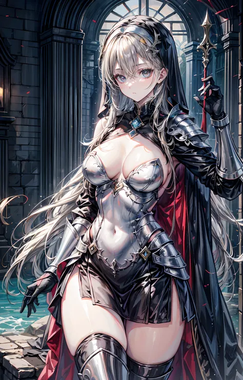 lewd nun，Wear an iron mask+，Long flowing blonde hair,（Wear an iron mask：2.0）and armor，Wearing an iron mask and armor，Long face，Long face，Long face shape