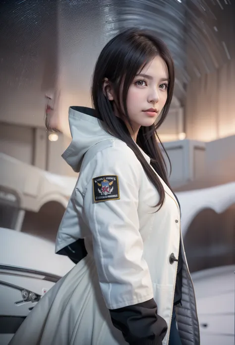 Science fiction,a science fiction film,cannons,Long-range missiles,Based on the Film Foundation ,Woman,Adult,The protagonist,28 years old,A hopeful face,Brown eyes,Short hairstyle,White-gray on black hair,Scientist uniform,White researcher coat,Open Meadow...