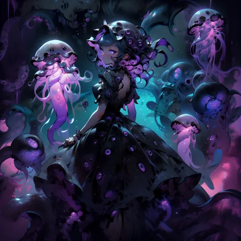 a girl wearing a jellyfish dress. a black jellyfish and a purple glow. black tentacles lined with purple luminescent bodies. dee...