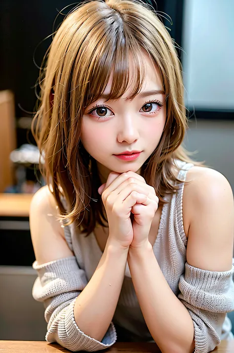 (8K, Raw photo:1.2)Detailed face and eyes,Best Quality, 超A high resolution, Highly detailed ,intricate detailes ,masutepiece ,Cute Girl , Soft cinematic light, Hyper-detailing,Sharp Focus, High quality, Blonde hair, bob cuts, tits out,Knitted dresses, Spre...