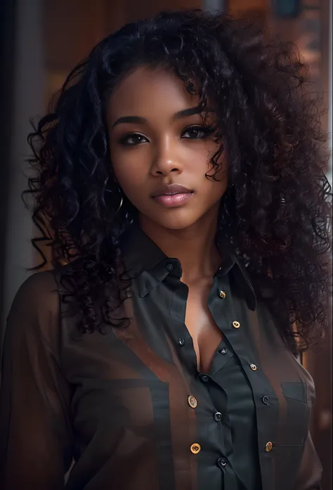 ((21-year-old))) black girl, (((light skin))),  (((close-up, full body pose))),  (((long curly black hair))), (((pantyhose))), (((wearing mans button up  shirt mostly unbuttoned))), Rich, Deep Colours, (intricate details:0.9), (HDR, hyper-detailing:1.2), (...