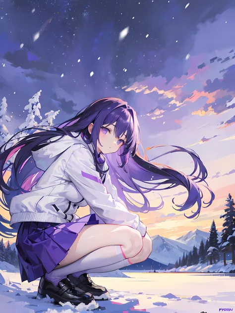 anime girl crouching on the snow, heavy snow, small lake in the background, (1girl), long purple hair, purple eyes, medium breasts, white jacket, purple skirt, black leggings, purple shoes, beautiful sky, beautiful anime artwork, ultrasharp, masterpiece, h...