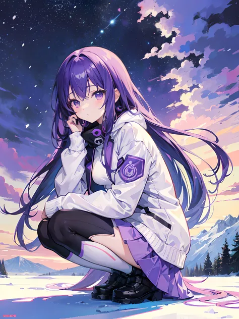 anime girl crouching on the snow, heavy snow, small lake in the background, (1girl), long purple hair, purple eyes, medium breasts, white jacket, purple skirt, black leggings, purple shoes, beautiful sky, beautiful anime artwork, ultrasharp, masterpiece, h...