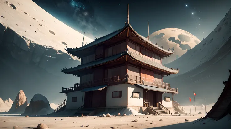 Buildings with Chinese characteristics landed on the moon，There is earth in the background