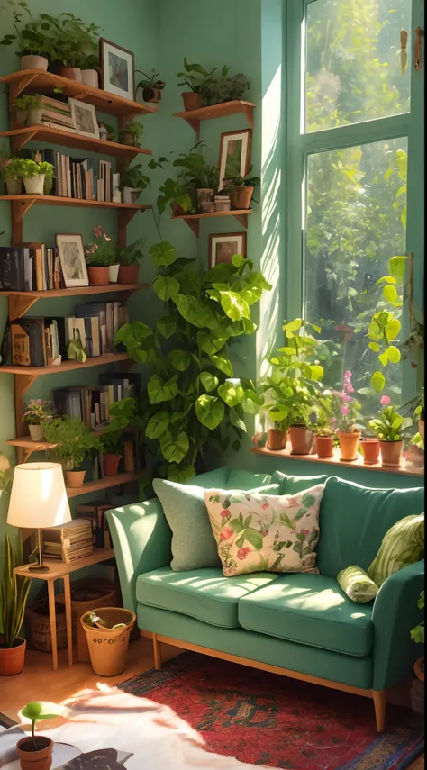 Arafed living room with green sofa and green chairs, cottagecore hippie, room full of plants, Green and warm theme, cozy place, adorned with all kind of plants, lush and green, cottagecore, lush plants and flowers, Lush plants and magical details, cottagec...