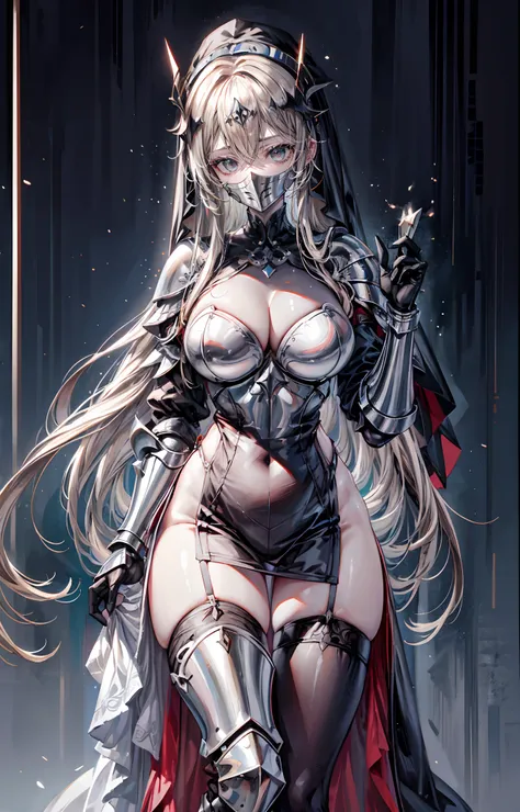 lewd nun，Wear an iron mask+，Long flowing blonde hair,（Wear an iron mask：2.0）and armor，Wearing an iron mask and armor，Long face，Long face，Long face shape