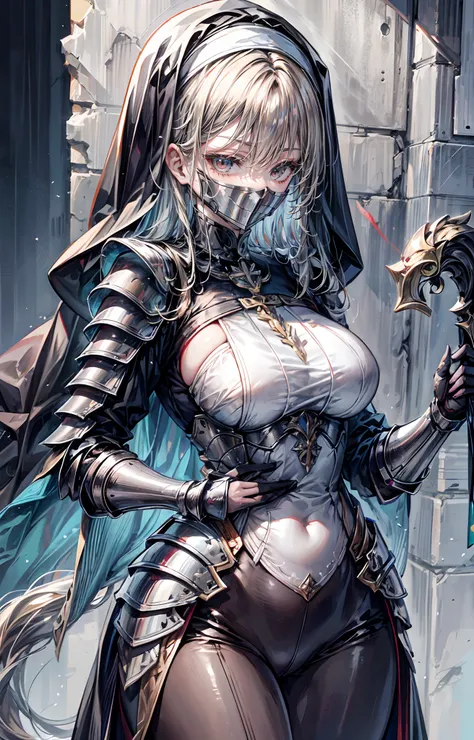 lewd nun，Wear an iron mask+，Long flowing blonde hair,（Wear an iron mask：2.0）and armor，Wearing an iron mask and armor，Long face，Long face，Long face shape