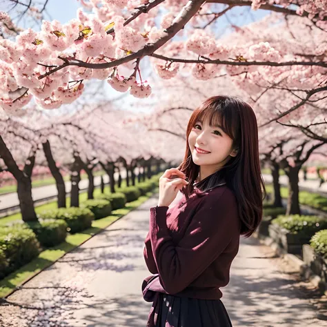 A path lined with flourishing cherry blossom trees、Standing under a cherry blossom tree、Cherry blossom petals flutter、Too cute woman、smil、TOKYOcty,shot on camera