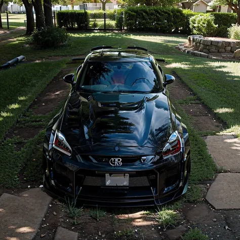 gtr r35, backyard, trees, grass, no road, land, car front view,