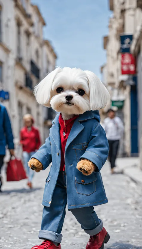 a maltese dog in a blue coat，blue coat，denim pant，red shoes，walking upright on the street。street photography，fashionable outfits...