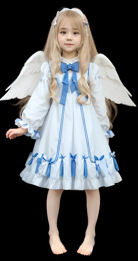 a close up of little girl with a white dress and blue bow with barefoot, full - body majestic angel, cosplay of a catboy! maid! dress, wearing angel, angelic pretty, angel-themed, loli in dress, small curvy loli, angel themed, angelic purity, small loli gi...