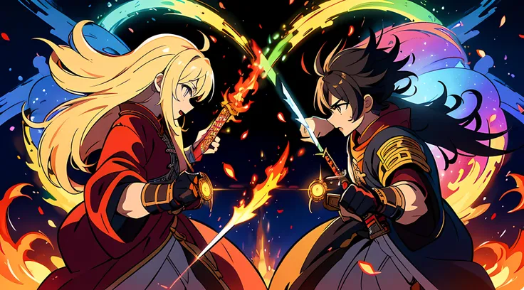 an intense battle of two man (samurai), showcasing their mastery of the blade, their sword have flames coming out from the sword, Swirling rainbows and lights on complex background, masterpiece, high-resolution, detailed eyes.