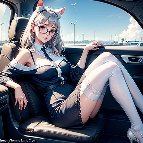 Il y a une femme adulte avec des lunettes , dans sa voiture, assise au volant , office girl, chemisier blanc transparent, soutien gorge visible sous le chemisier , jupe longue, culotte dentelle blanche, white stockings, cheveux noirs et mèches violettes, o...