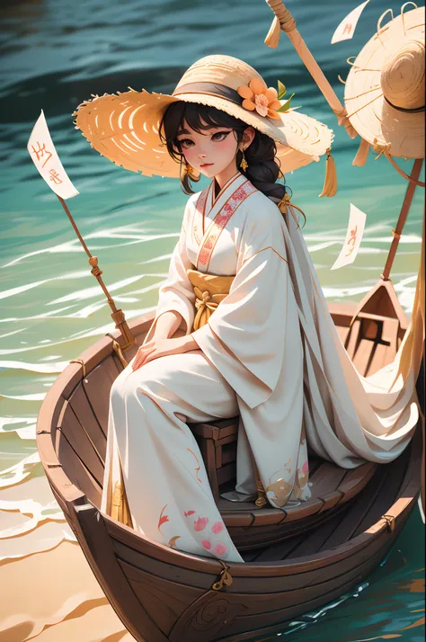 Alphads in straw hats sitting on boats, Cai Xukun, Hanfu, Chinese style, White Hanfu, Inspired by Bian Shoumin, inspired by Liu Jun, with acient chinese clothes, inspired by Huang Gongwang, inspired by Gu An, inspired by Chen Daofu, Inspired by Xiao Yuncon...