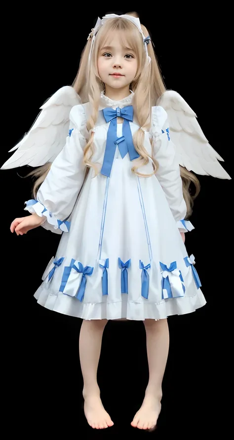 a close up of little girl with a white dress and blue bow with barefoot, full - body majestic angel, cosplay of a catboy! maid! dress, wearing angel, angelic pretty, angel-themed, loli in dress, small curvy loli, angel themed, angelic purity, small loli gi...