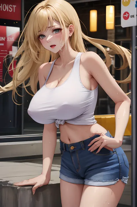 Long blonde　Tied on top　white tank tops　huge tit　no-bra　Wet with oil and nipples can be seen through　full bodyesbian　Crying face　Ultra shorts