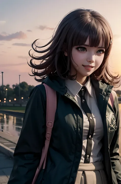 chiaki nanami de danganronpa sonriendo mientras se toma de la mano con el espectador, caminar uno al lado del otro en un parque ...