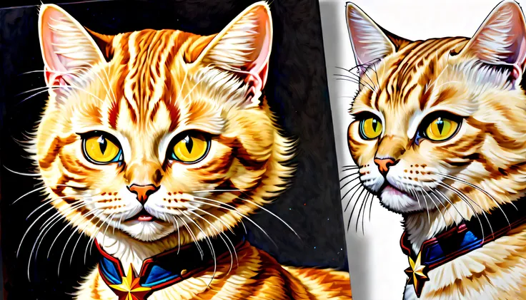 (Captain-MARVEL Movie character of cat goose illustration:1.1), cat-goose is american shorthair, pale brown and blown fur, dignity and loveliness atmosphere, (((master piece:1.3))), (stunning masterpiece:1.3), intricate detail fur, siting, stunning gouache...