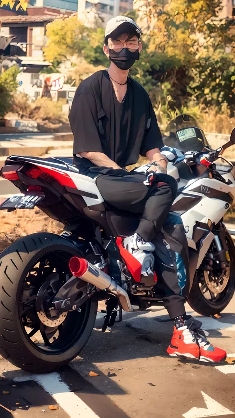 there is a man sitting on a motorcycle wearing a mask, sitting on cyberpunk motorbike, sitting on a motorcycle, motorbiker, motorcycle, picture of a male biker, taken in 2 0 2 0, photoshoot, riding a motorcycle, mid shot portrait, portrait shot, realism ar...