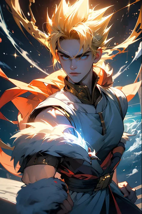 Masterpiece, Best quality, Gohan, Super Saiyan level 10 thunder surrounds the white hairy body and walks slowly in space