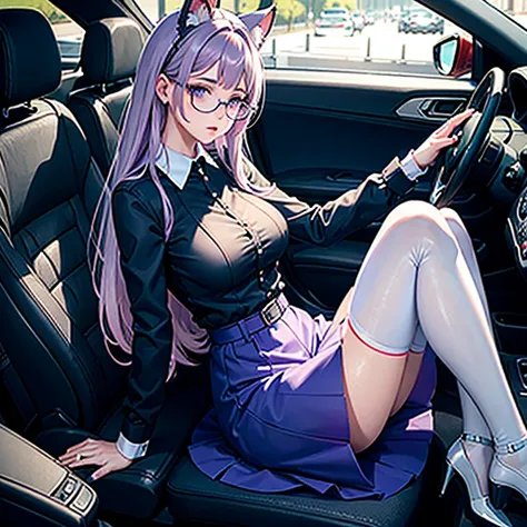 Il y a une femme adulte avec des lunettes ,driving a car,  dans sa voiture, assise au volant , office girl, chemisier blanc transparent, soutien gorge visible sous le chemisier , long  skirt, cat ears, white stockings, Dark and  purple hair, cheveux noirs ...