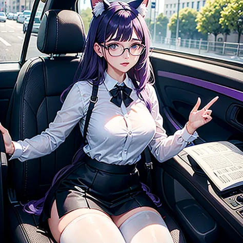 Il y a une femme adulte avec des lunettes ,driving a car,  dans sa voiture, assise au volant , office girl, chemisier blanc transparent, soutien gorge visible sous le chemisier , long  skirt, cat ears, white stockings, Dark and  purple hair, cheveux noirs ...