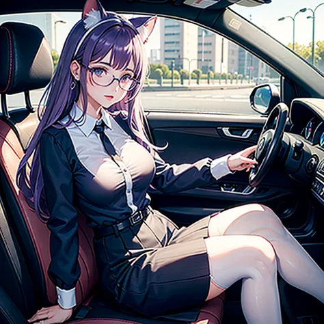 Il y a une femme adulte avec des lunettes ,driving a car,  dans sa voiture, assise au volant , office girl, chemisier blanc transparent, soutien gorge visible sous le chemisier , long  skirt, cat ears, white stockings, Dark and  purple hair, cheveux noirs ...