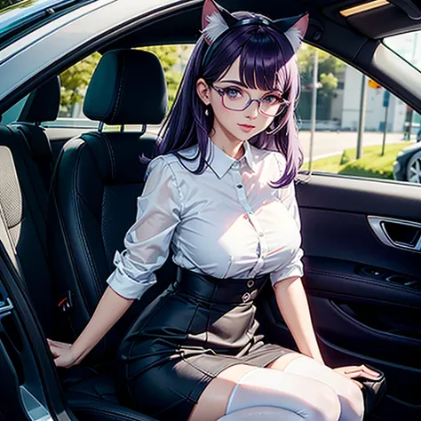 Il y a une femme adulte avec des lunettes ,driving a car, dans sa voiture, assise au volant , office girl, chemisier blanc transparent, soutien gorge visible sous le chemisier , long skirt, cat ears, white stockings, Dark and purple hair, cheveux noirs et ...