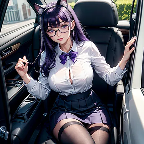 Il y a une femme adulte avec des lunettes ,driving a car, dans sa voiture, assise au volant , office girl, chemisier blanc transparent, soutien gorge visible sous le chemisier , long skirt, cat ears, white stockings, Dark and purple hair, cheveux noirs et ...