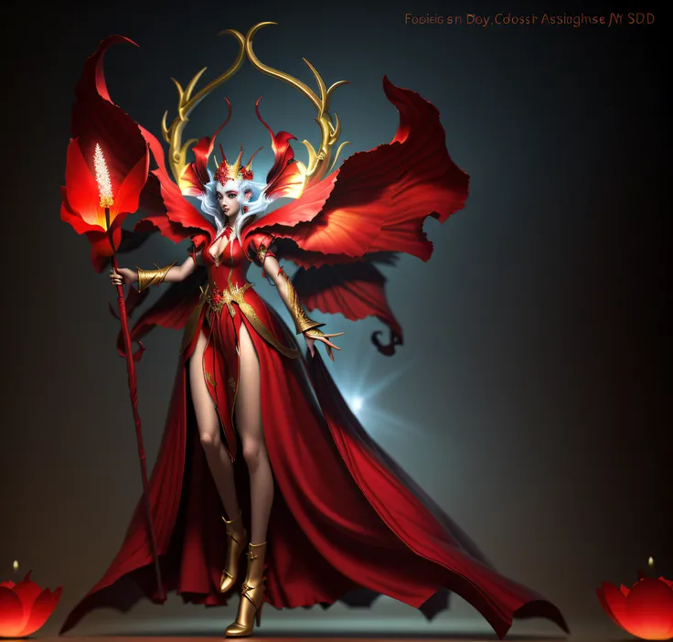 3D Red Flower Fantasy Flower Demon，full bodyesbian，Star Art Troupe（As estrelas）styled，Realistic color scheme，Light silver and gold，Fascinating sketches，fanciful，Fantasyart