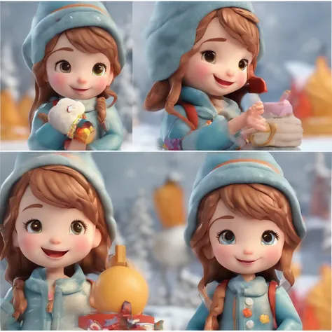 Cute little girl, Winter wear, Fashion, Happy clapping, Perspective looking up, Blind box toy, Glossy and delicate, clean background, 3D rendering, Best quality