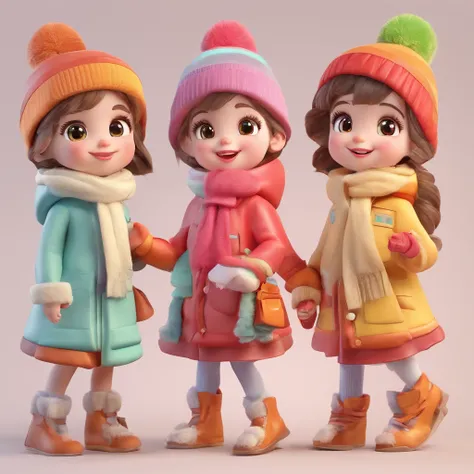 Cute little girl, Winter wear, Fashion, Happy clapping, Perspective looking up, Blind box toy, Glossy and delicate, clean background, 3D rendering, Best quality