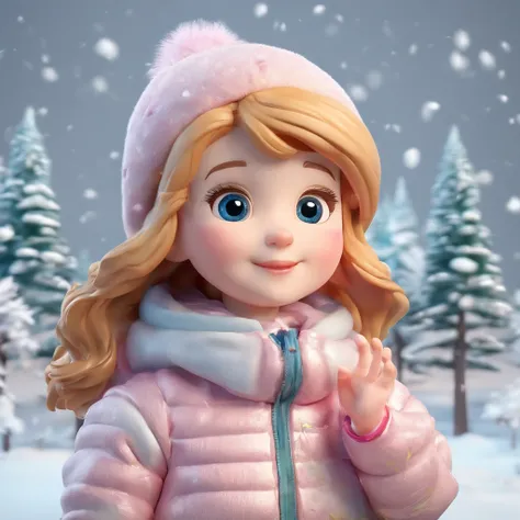 Cute little girl, Winter wear, Fashion, Happy clapping, Perspective looking up, Blind box toy, Glossy and delicate, clean background, 3D rendering, Best quality