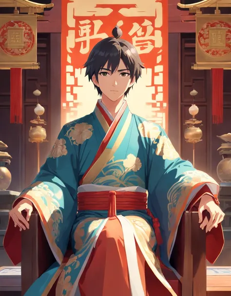 (best quality,masterpiece:1.2),ultra-high resolution,Chinese emperor,dressed in Hanfu,Asian man,55 years old,square face,intense gaze,with a slight stubble,standing in front of a throne,with magnificent patterns in the background.